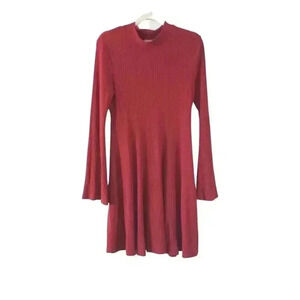 Francesca's  Red Ribbed Knit Long Bell Sleeve High Neck Fit & Flare Dress